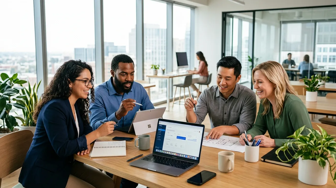 Modern, professional hero image showing a diverse team of professionals collaborating in a bright, airy office. Focus on technology and human connection. Style: Clean, corporate photography with warm lighting.
