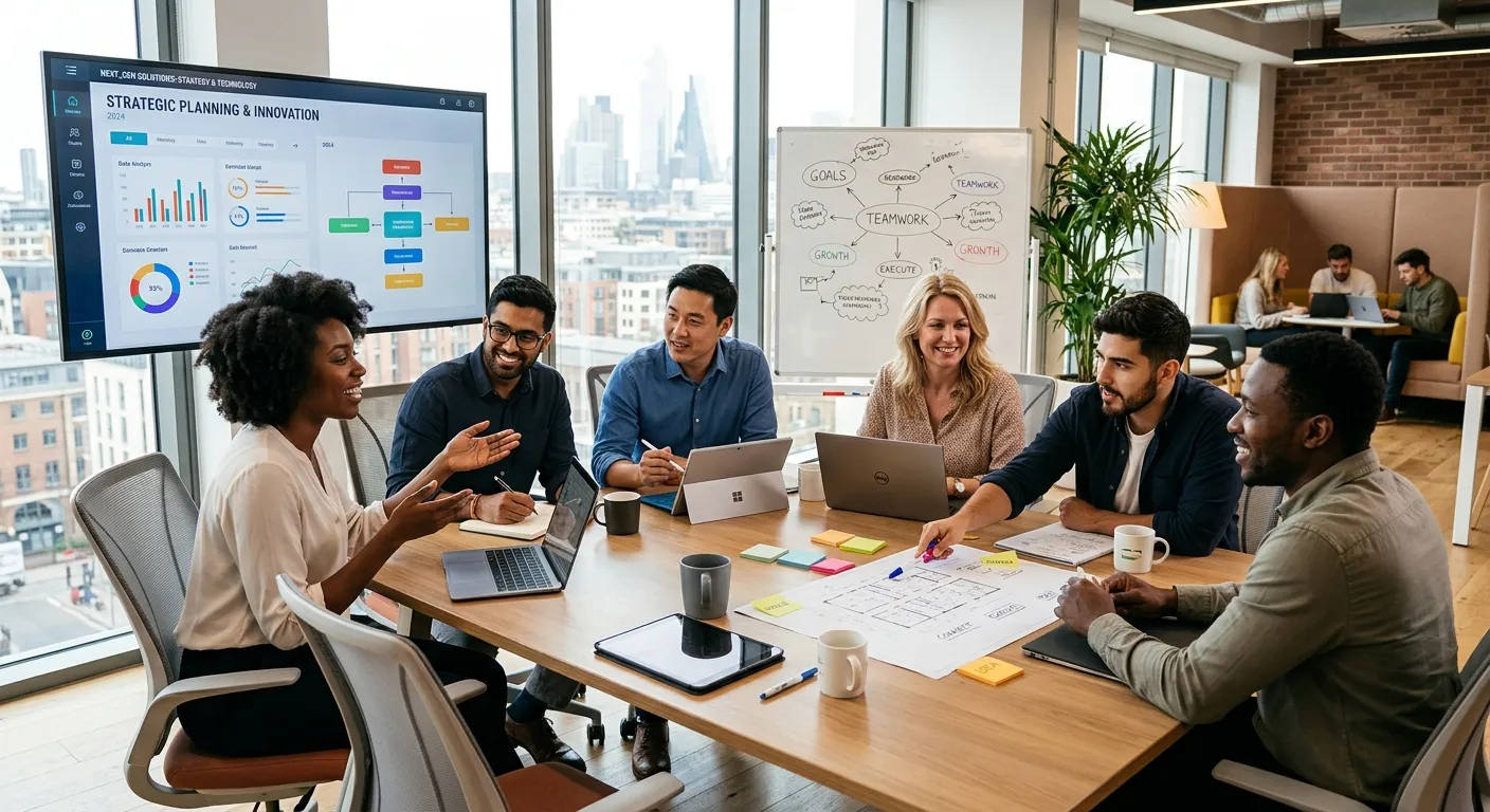 A modern, diverse team of professionals collaborating in a bright, sunlit office. The image should convey connection, innovation, and strategic planning, with a focus on technology and human interaction.