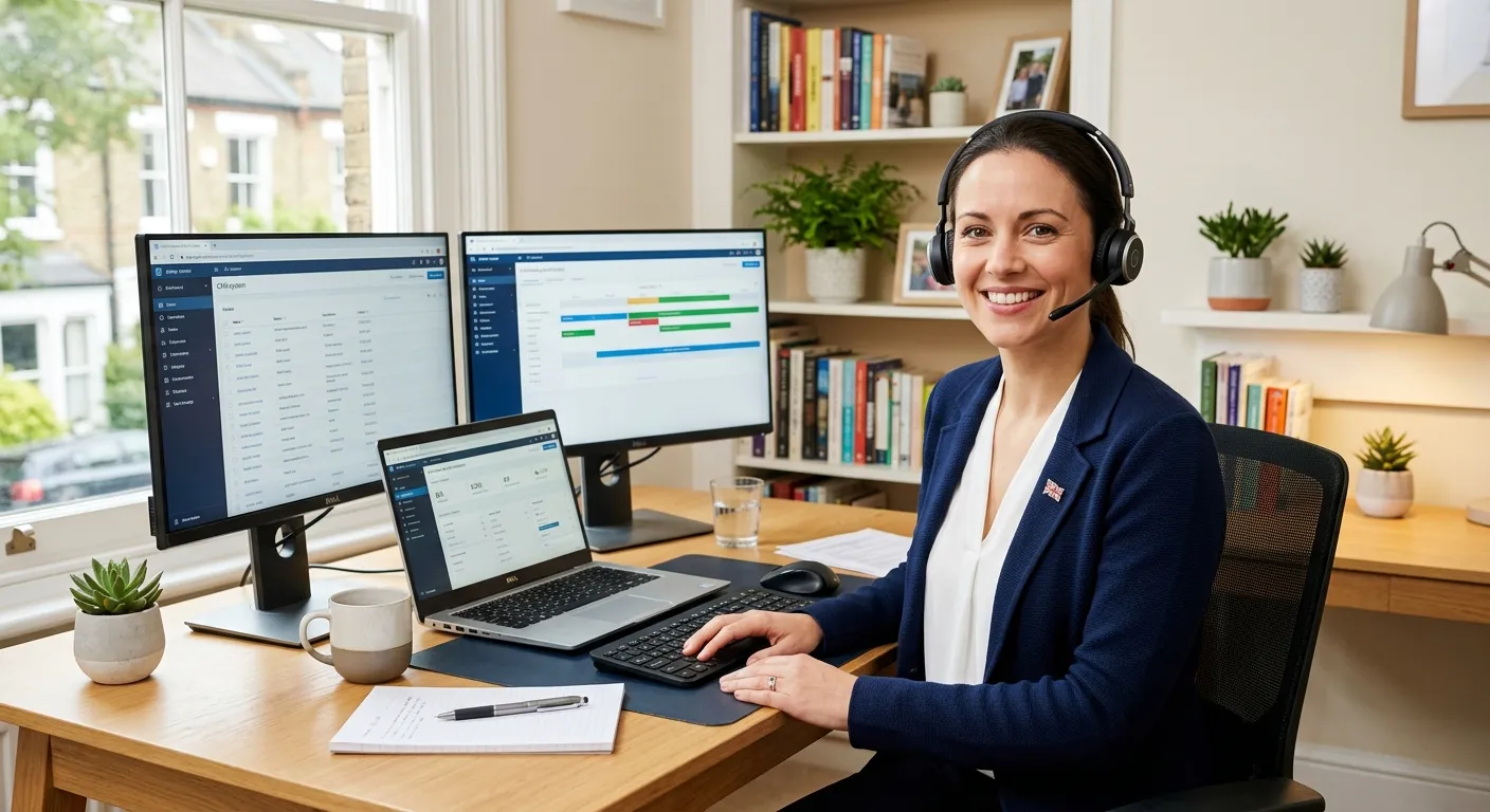 A modern, professional UK-based virtual receptionist smiling while wearing a headset, working from a clean home office with a laptop and dual monitors, symbolising remote professionalism and excellent customer service. Style: Professional stock photo, mood: confident, efficient, and welcoming.