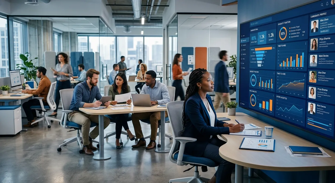 A modern, dynamic office environment with diverse professionals collaborating. A hiring manager looks thoughtfully at multiple data dashboards on a large screen, visualizing candidate profiles and metrics. Style: Professional, forward-looking, slightly futuristic with a blue and orange color palette.