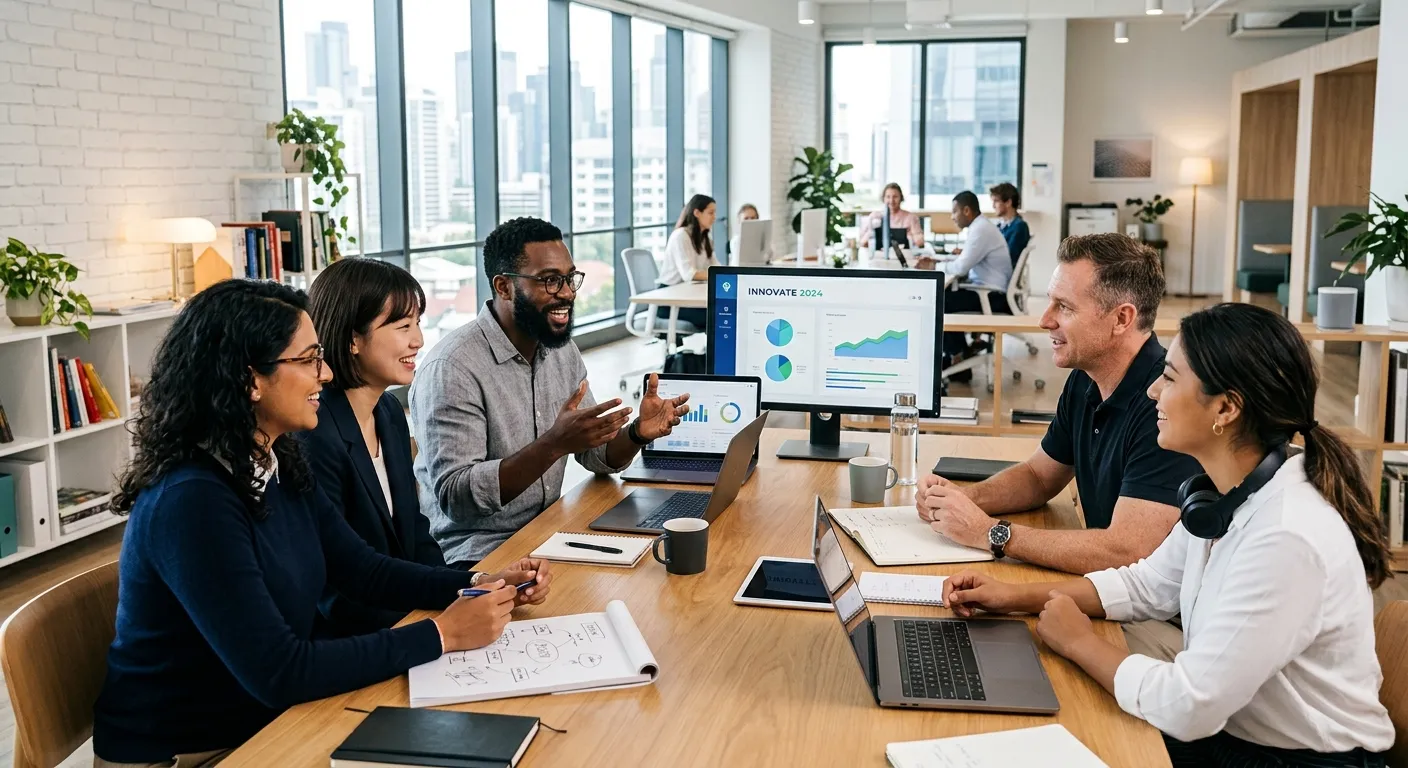 A modern, diverse group of professionals collaborating in a bright, open-plan office, looking engaged and innovative. Style: Professional stock photo, high contrast, vibrant but clean.
