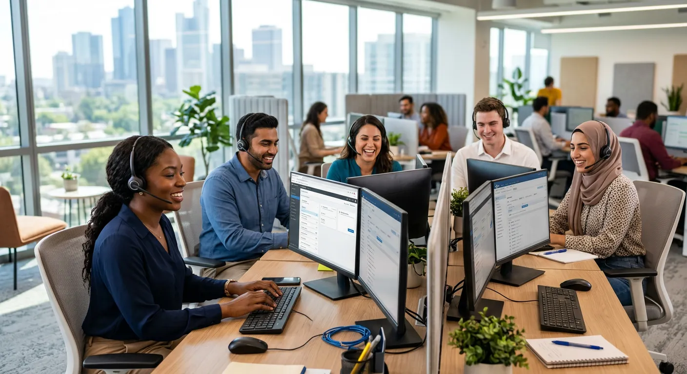 Professional image of a diverse team of customer service professionals in a modern call centre environment, smiling and wearing headsets, with computer screens visible. Bright, professional office setting with natural light.