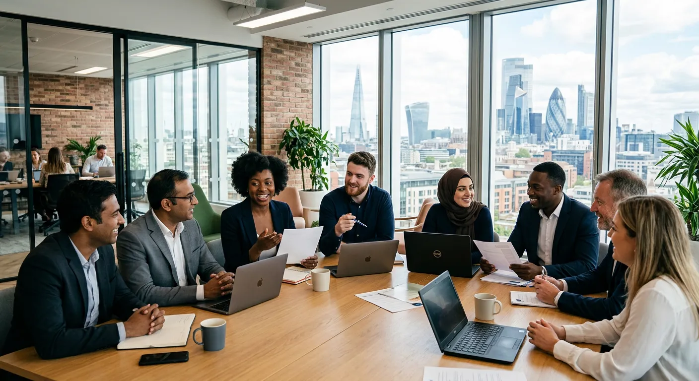 A professional, diverse group of recruitment consultants and candidates in a modern London office setting, looking engaged and collaborative. Style: Bright, contemporary, with London skyline subtly visible through windows.