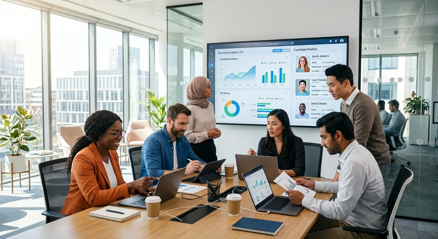 A modern, diverse team of professionals collaborating in a bright, sunlit office with digital screens displaying analytics dashboards and candidate profiles. Style: Professional, forward-looking, high-tech mood.
