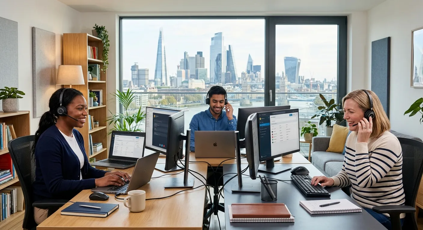 Professional, diverse team of remote call handlers working on headsets in a modern home office setti... Professional, diverse team of remote call handlers working on headsets in a modern home office setting, smiling and engaged, with UK city skyline visible through window - professional, welcoming, and tech-savvy mood