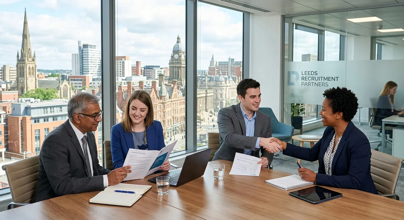 A professional, diverse group of recruitment consultants and candidates in a modern Leeds office, shaking hands and reviewing documents. The image should convey trust, professionalism, and local expertise, with Leeds cityscape visible through the window.