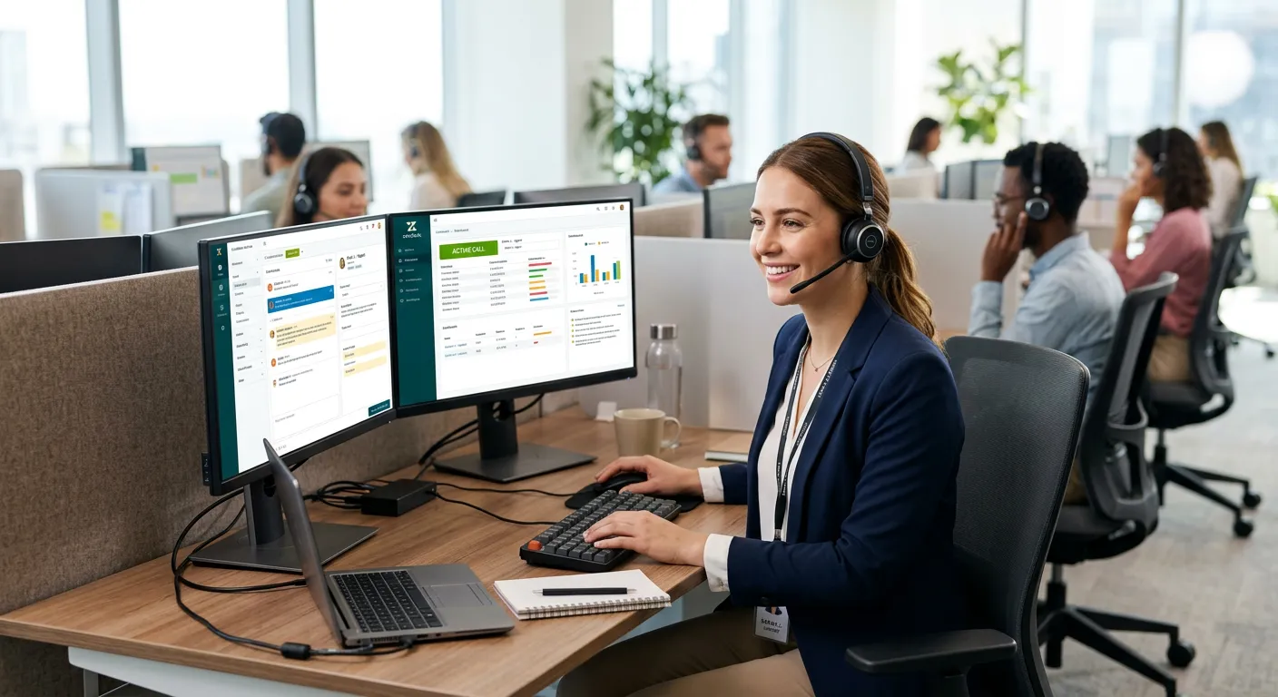 Professional, confident call centre agent wearing a headset, smiling while working at a modern workstation with multiple screens, representing excellent customer service in a bright, clean office environment