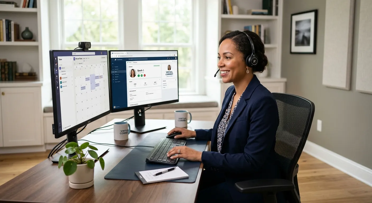A modern, professional office scene. A friendly, well-dressed virtual receptionist wearing a headset smiles while working on a dual-monitor setup in a bright, contemporary home office. The style is crisp, professional, and conveys trust and efficiency.