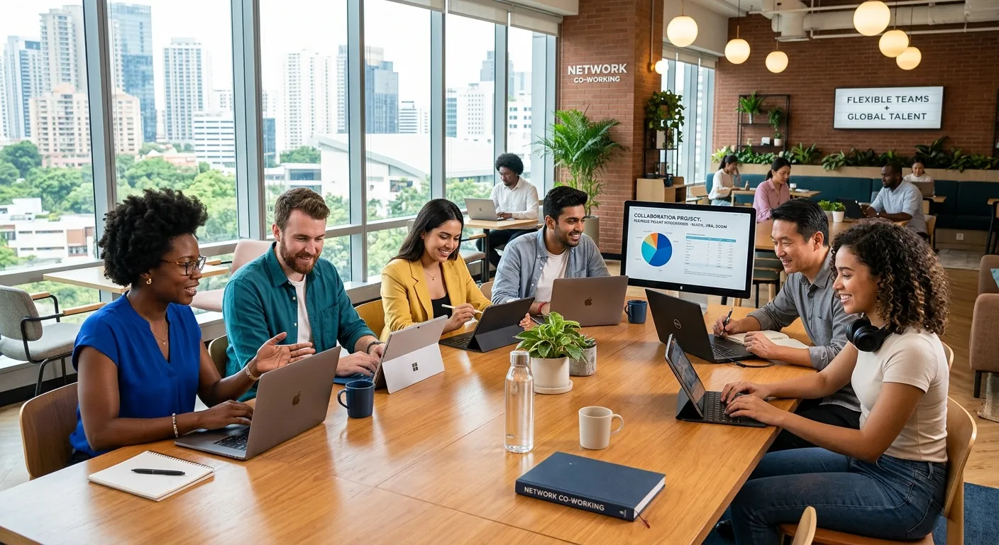 A diverse team of remote professionals collaborating on laptops and tablets in a modern, bright co-working space, symbolising flexible talent integration. Style: Professional, vibrant, and forward-looking.