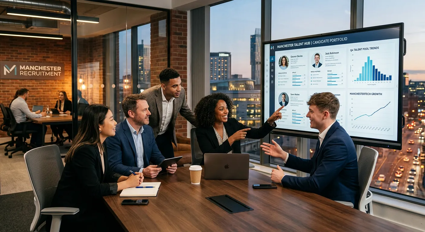 A professional, dynamic hero image showing a diverse team of recruitment consultants in a modern Manchester office, collaborating around a screen showing candidate profiles and city skyline graphs. Style: Professional, energetic, human-centric. Mood: Trustworthy, efficient, and connected.