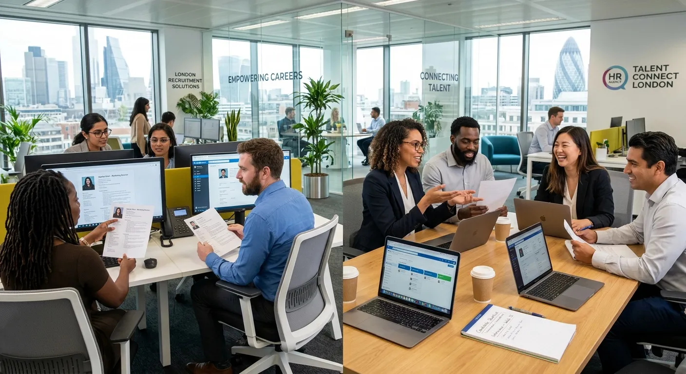A professional, diverse group of modern recruitment consultants and HR professionals collaborating in a bright, contemporary office space in , some reviewing CVs on screens, others in a friendly meeting. Style: Professional, aspirational, local. Mood: Energetic, competent, connected.