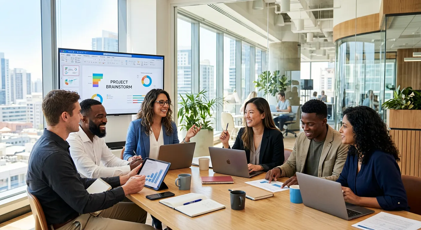 A diverse, professional team of employees collaborating in a modern, sunlit office space, looking engaged and productive. Style: Corporate photography, vibrant and aspirational.