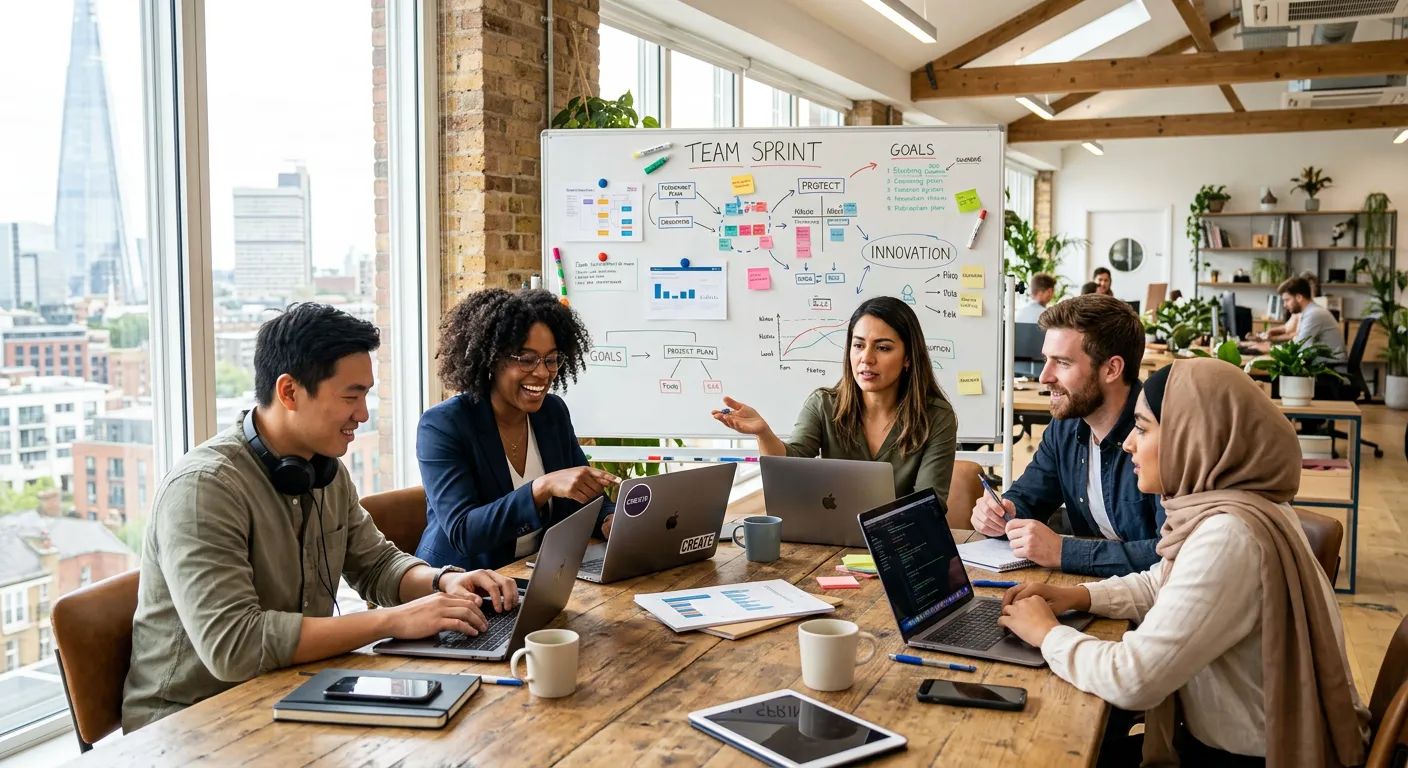 A modern, diverse team of professionals collaborating in a bright, sunlit office with laptops and whiteboards, symbolizing seamless team integration and dynamic talent.