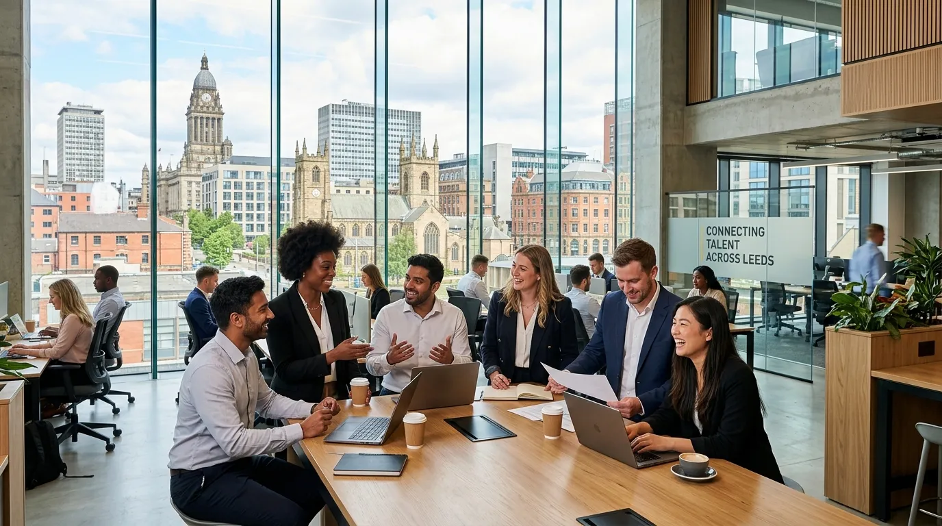 A dynamic, professional hero image showing a diverse group of recruitment consultants and candidates in a modern Leeds office setting, with the Leeds skyline visible through windows. Style: Bright, confident, business-focused. Mood: Energetic and professional.