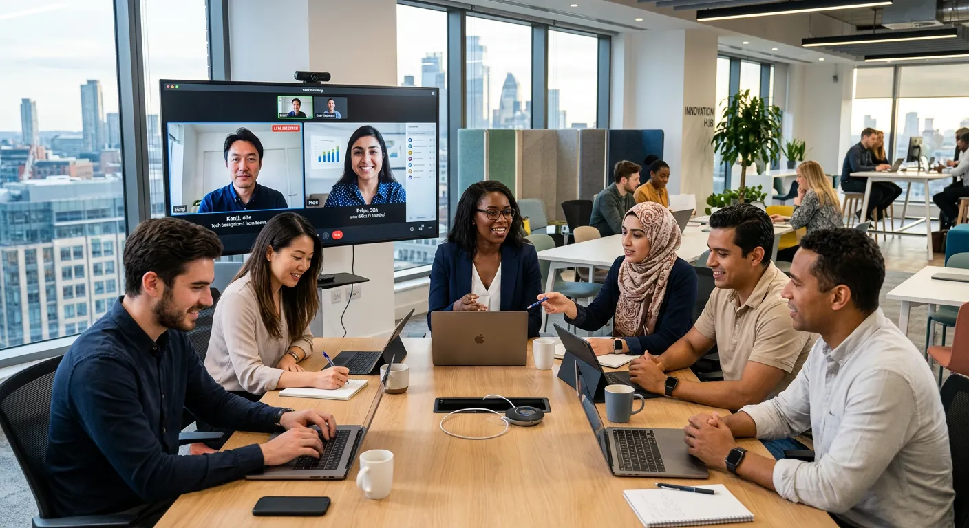 A diverse, modern team of professionals collaborating in a bright, open-plan office or on a video call. Style: Professional, vibrant, and forward-looking. Mood: Collaborative, efficient, and technologically advanced.