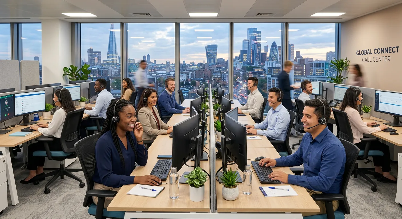 Professional photo of a diverse team of call answering agents working in a modern contact centre environment, smiling and wearing headsets, with city skyline visible through windows - bright, professional, welcoming atmosphere