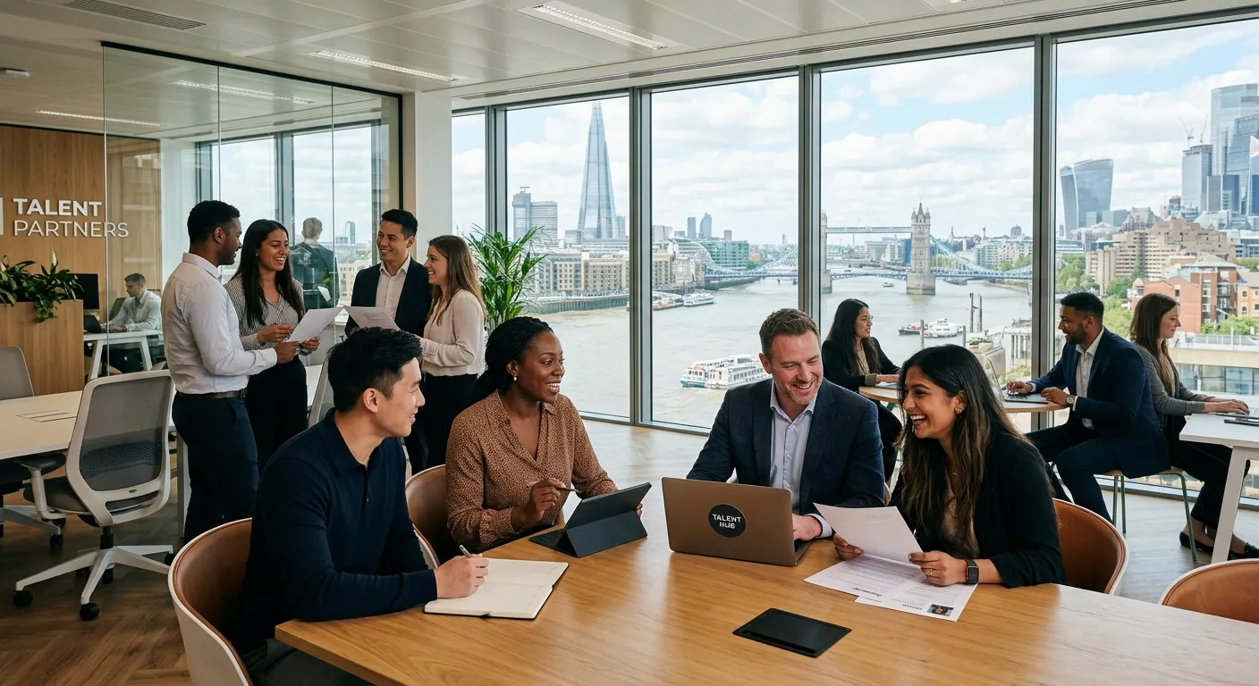 Professional hero image showing diverse team of recruitment consultants and candidates in a modern <Location> office setting, collaborating and smiling, with local landmarks visible through windows. Style: Professional, welcoming, dynamic. Mood: Trustworthy, energetic, successful.