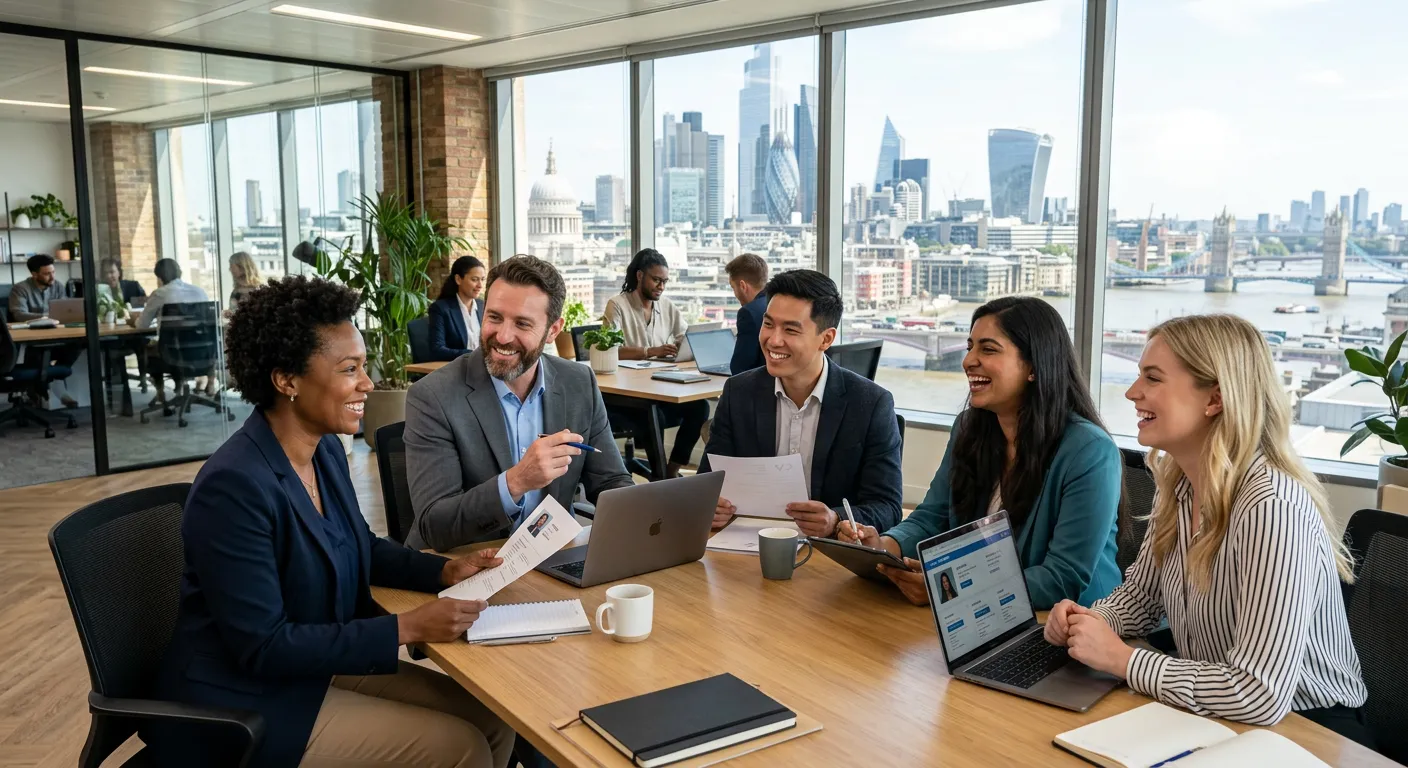 A professional, diverse group of recruitment consultants and candidates in a modern London office setting, smiling and collaborating. Bright, natural lighting with London skyline visible through windows. Professional, confident mood.