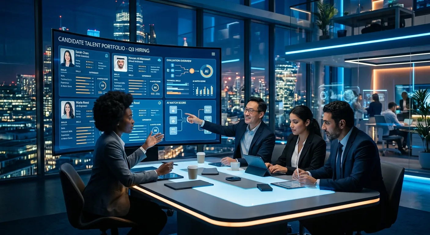 A professional, futuristic office environment with a diverse hiring team collaboratively reviewing c... A professional, futuristic office environment with a diverse hiring team collaboratively reviewing candidate profiles on a large, sleek digital screen. The mood is focused, innovative, and data-driven, with a color palette of deep blues and bright accents.