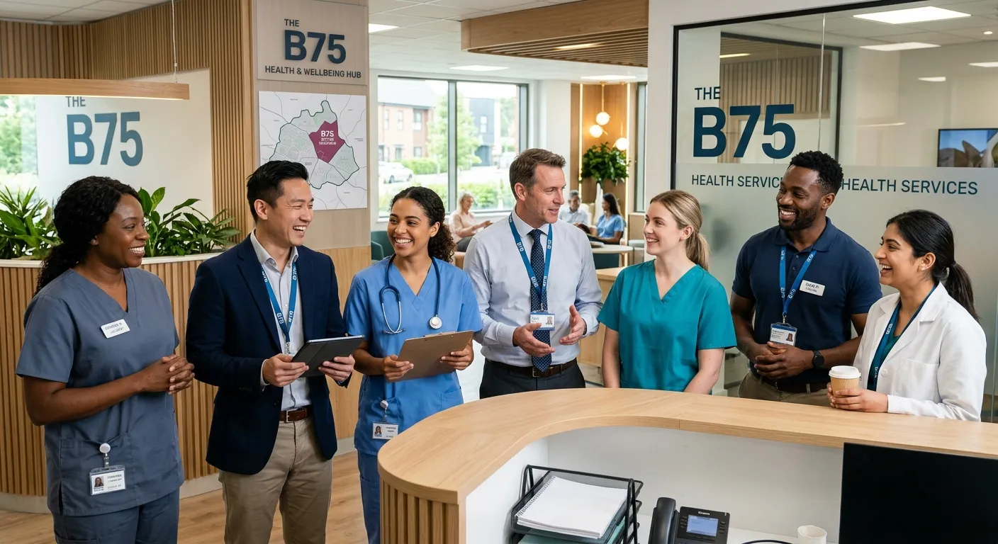 A professional, diverse group of locum workers in a modern healthcare or business setting, smiling a... A professional, diverse group of locum workers in a modern healthcare or business setting, smiling and looking engaged, with the B75 area subtly referenced in the background. Professional, trustworthy, and energetic mood.