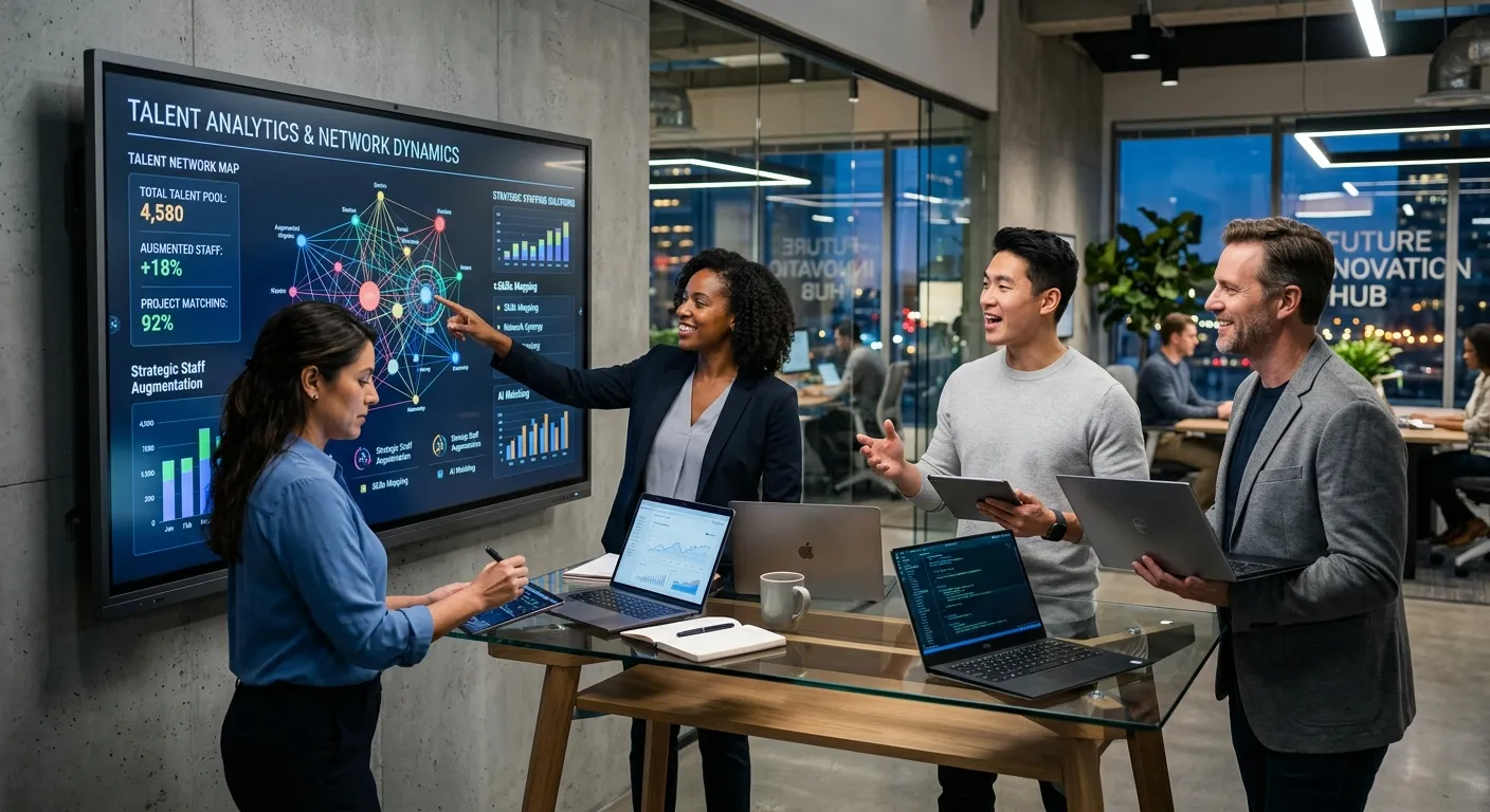 A modern, dynamic office scene with a diverse team collaborating around a digital screen displaying talent analytics and network graphics, symbolizing strategic staff augmentation. Style: Professional, vibrant, and future-focused.