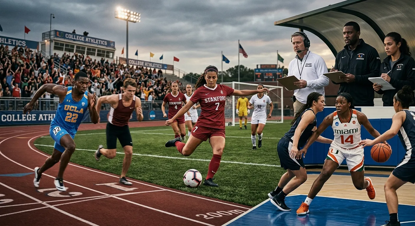 A dynamic, high-energy hero image showing a diverse group of college athletes in action across diffe... A dynamic, high-energy hero image showing a diverse group of college athletes in action across different sports (basketball, soccer, track) with coaches and recruiters observing from the sidelines. Professional, aspirational mood with a slightly desaturated, dramatic tone.