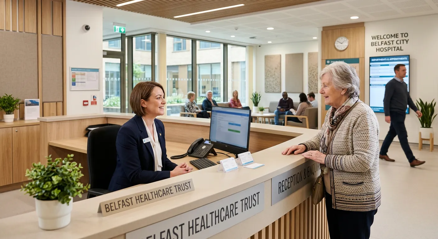 A professional, welcoming photograph of a modern hospital reception area in Belfast. A friendly rece... A professional, welcoming photograph of a modern hospital reception area in Belfast. A friendly receptionist in smart attire is assisting a patient at a clean, organised desk. The mood is calm, efficient, and trustworthy, reflecting a professional healthcare environment.