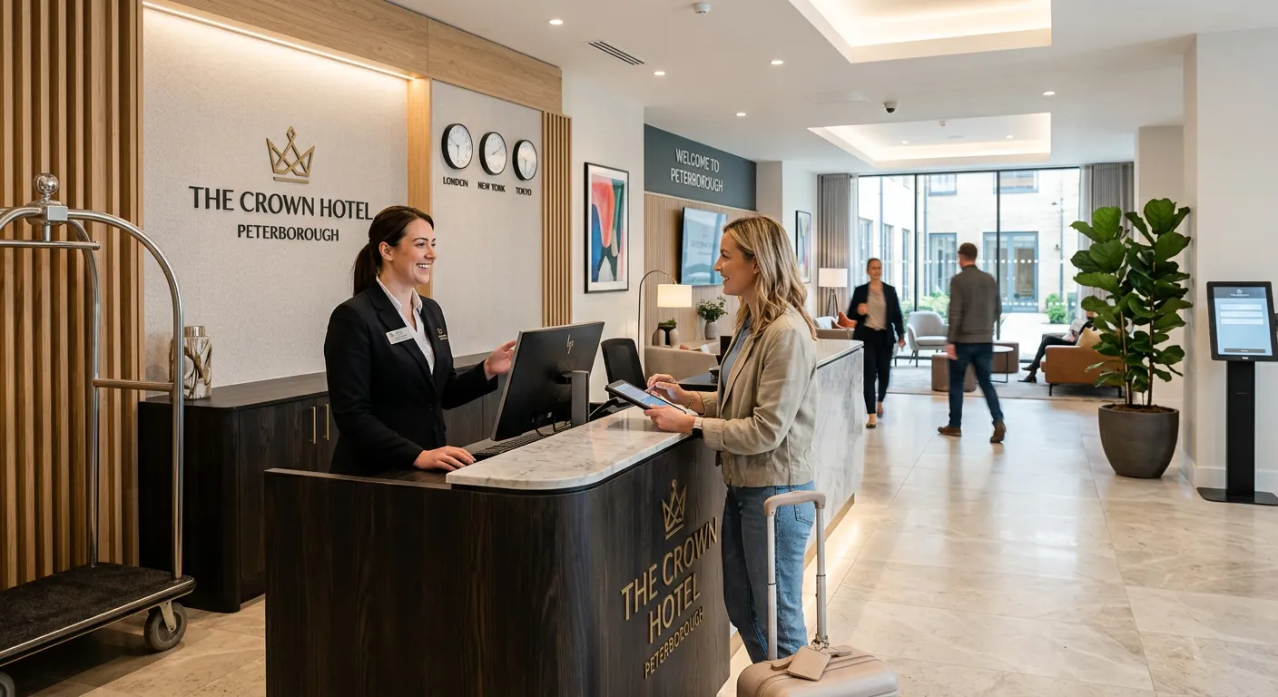 Professional, welcoming image of a modern hotel reception area in Peterborough, featuring a friendly receptionist assisting a guest at the desk. The mood is bright, efficient, and hospitable.