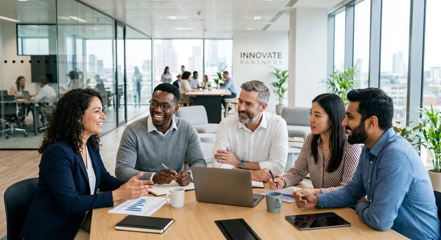 A diverse group of professional, confident employees in a modern office setting, looking engaged and... A diverse group of professional, confident employees in a modern office setting, looking engaged and collaborative. Style: Bright, professional, and aspirational. Mood: Successful and dynamic.