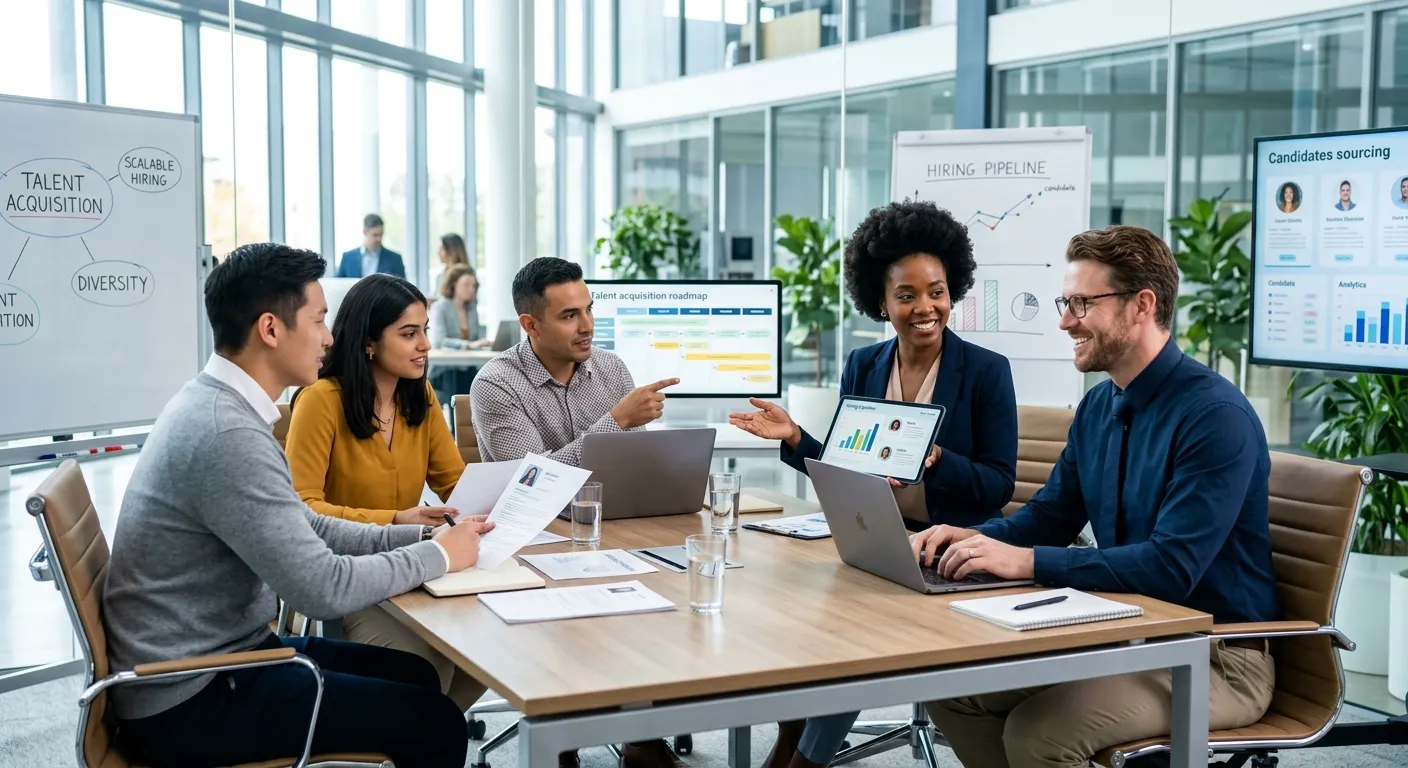 A diverse group of modern professionals collaborating in a bright, sleek office environment, representing successful talent sourcing. Style: professional stock photo, high contrast, vibrant yet clean.