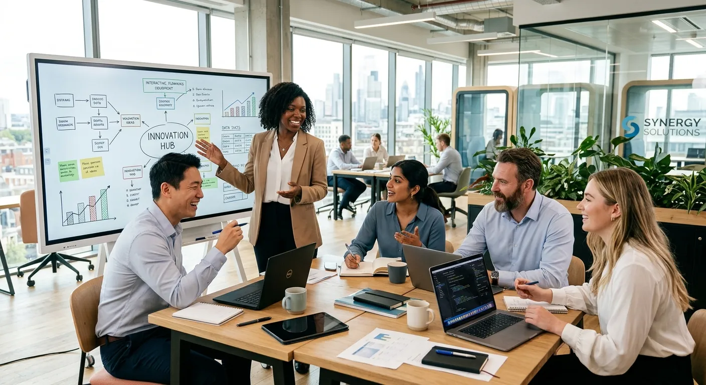 A modern, diverse group of professionals collaborating in a bright, airy office space. Style: Photorealistic, high-energy, with a focus on connection and technology. Mood: Optimistic, innovative, and professional.