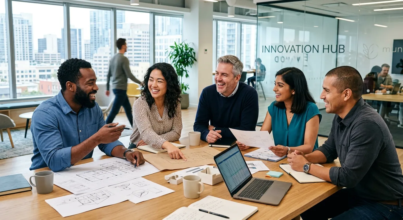 A diverse, professional team of talented individuals collaborating in a modern office environment, smiling and discussing a project. Style is bright, energetic, and professional, with a focus on human connection and expertise.