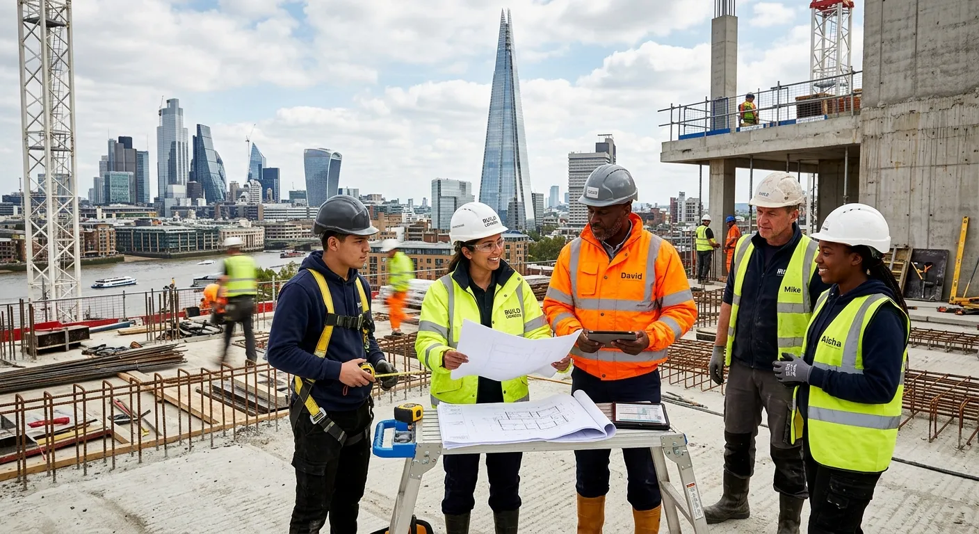 A dynamic, professional hero image showing a diverse team of construction labourers and site manager... A dynamic, professional hero image showing a diverse team of construction labourers and site managers collaborating on a modern London construction site with iconic landmarks like The Shard in the background. Style: Realistic, high-resolution, inspiring mood.