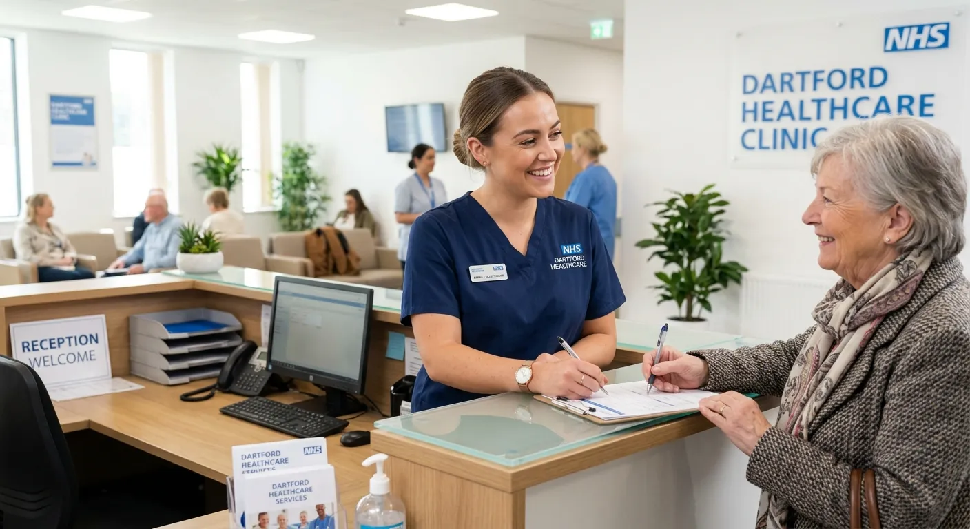 A professional, welcoming image of a Medical Receptionist in a modern healthcare setting in Dartford... A professional, welcoming image of a Medical Receptionist in a modern healthcare setting in Dartford, smiling and assisting a patient. Clean, bright, and trustworthy mood.