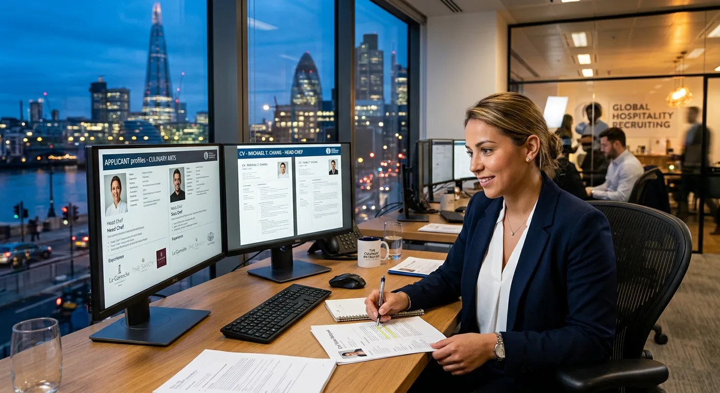 A professional, high-energy photo of a recruitment consultant in a modern office, reviewing chef CVs... A professional, high-energy photo of a recruitment consultant in a modern office, reviewing chef CVs and profiles on a dual-monitor setup, with a stylish cityscape visible through the window. The mood is focused, sophisticated, and dynamic.