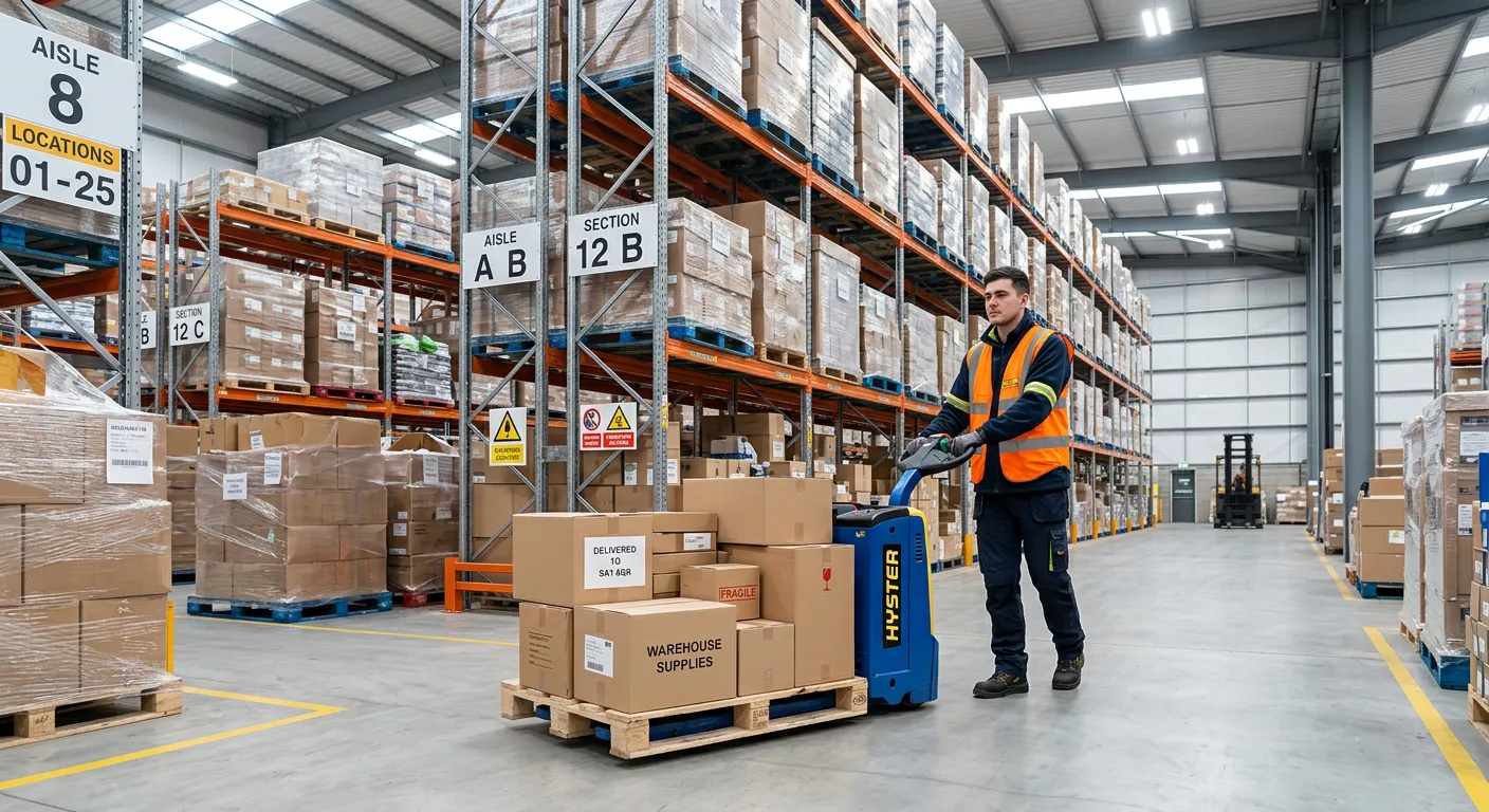 A professional, well-lit photo of a modern warehouse in Swansea SA1, showing a Warehouse Assistant in high-visibility clothing safely operating a pallet truck, with organized racking and goods in the background.