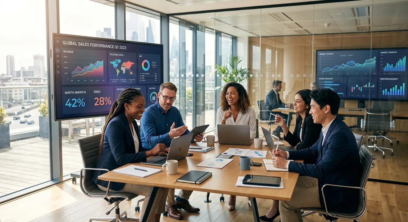 A diverse group of modern professionals collaborating in a bright, sunlit office with glass walls and digital screens displaying analytics dashboards. Style: Corporate, aspirational, high-resolution.