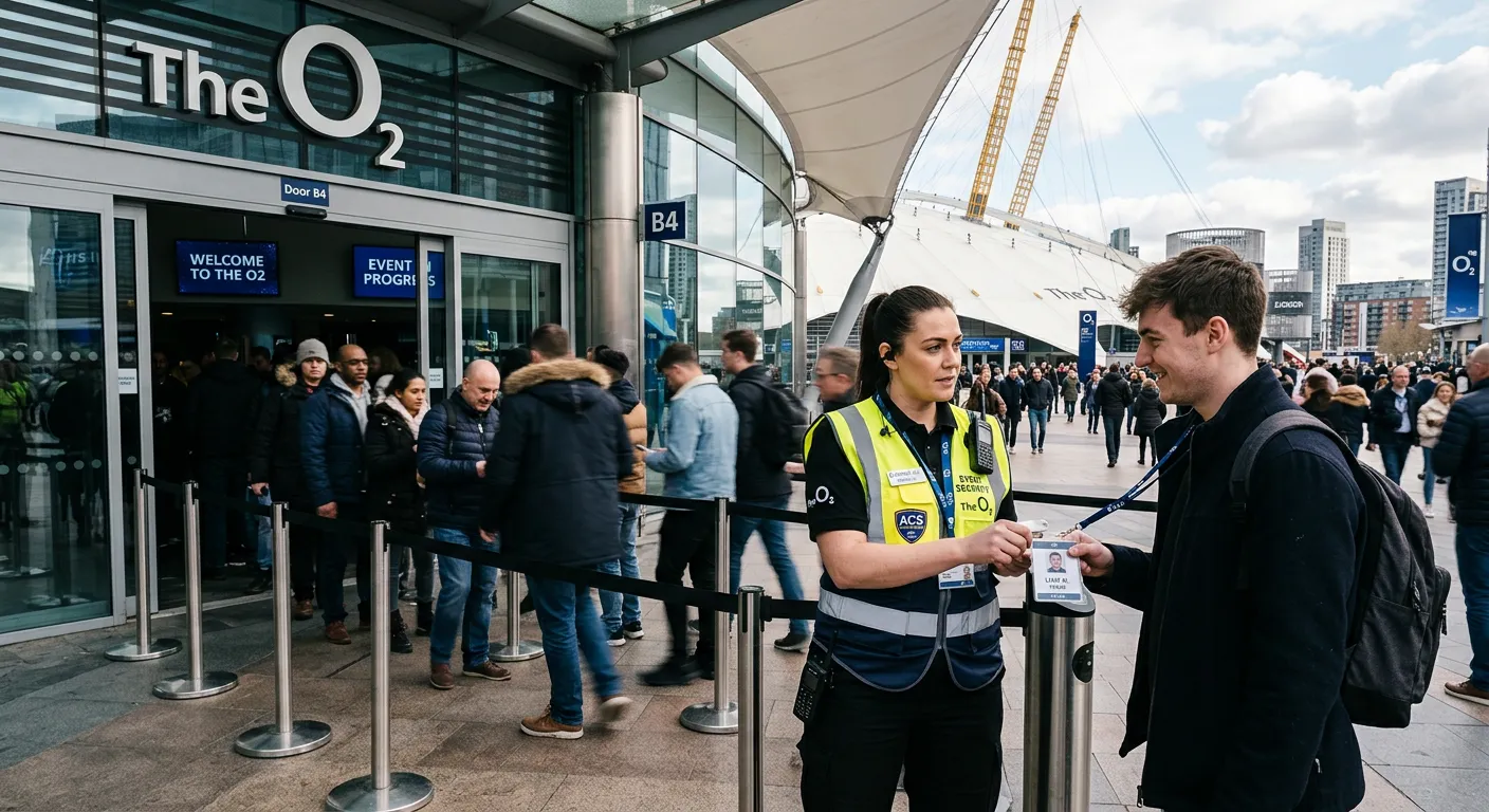 A professional, confident-looking Event Security professional in a hi-vis vest standing at the entrance to a modern London venue, such as The O2 Arena or ExCeL London, checking a guest's credentials. The image should convey professionalism, vigilance, and the bustling atmosphere of a major London event.
