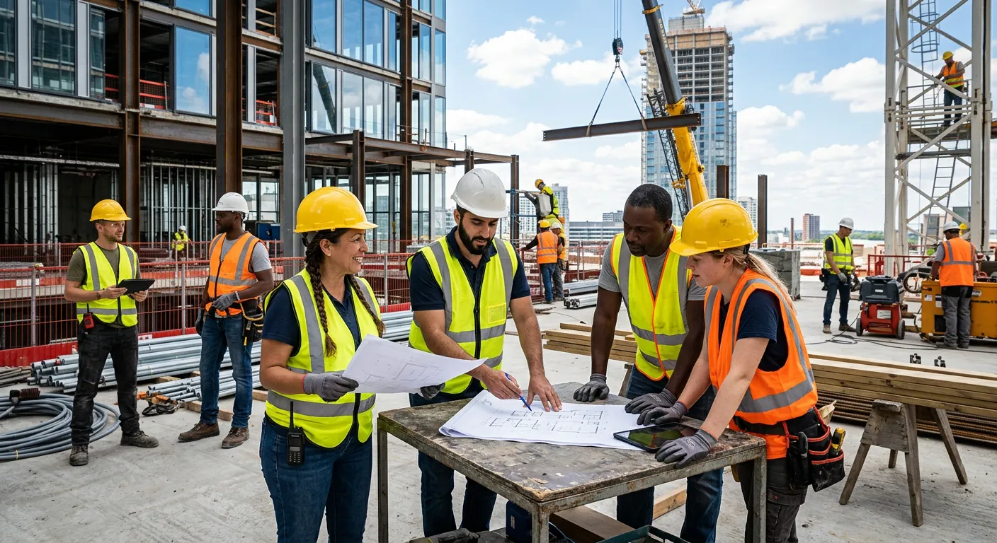 A dynamic, professional photo of a diverse group of construction and warehouse workers in high-visib... A dynamic, professional photo of a diverse group of construction and warehouse workers in high-visibility vests, collaborating on a modern building site during the day, showcasing teamwork and industry.