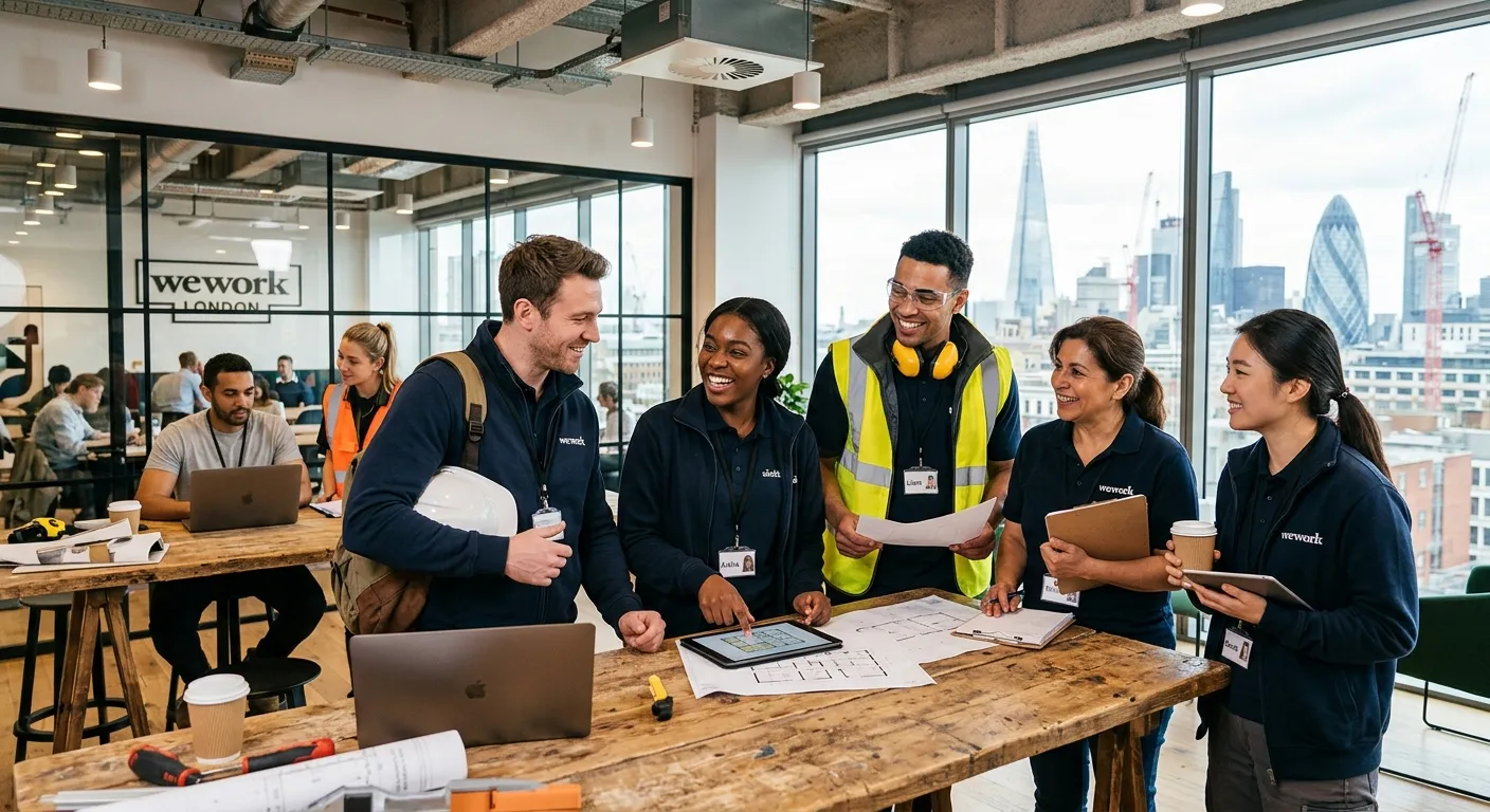 A dynamic, professional photo of a diverse group of temporary workers in London, perhaps in a modern... A dynamic, professional photo of a diverse group of temporary workers in London, perhaps in a modern co-working space or on a construction site, smiling and collaborating. Style should be bright, energetic, and convey efficiency.