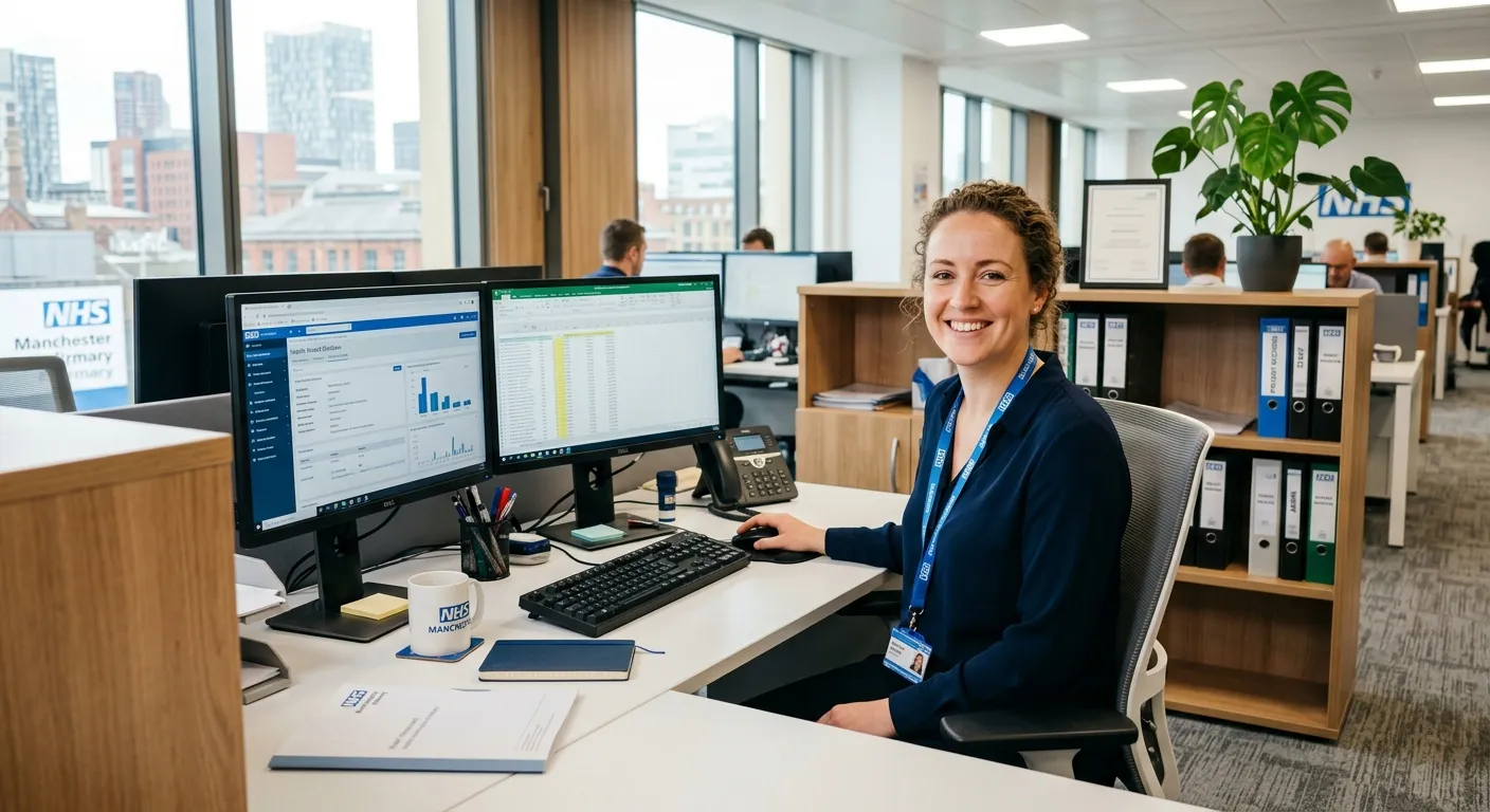 A professional, well-lit photo of a modern healthcare administration office in Manchester. A friendl... A professional, well-lit photo of a modern healthcare administration office in Manchester. A friendly administrator is smiling while working at a dual-monitor workstation, with organised files and a plant in the background. Style: professional, welcoming, efficient.