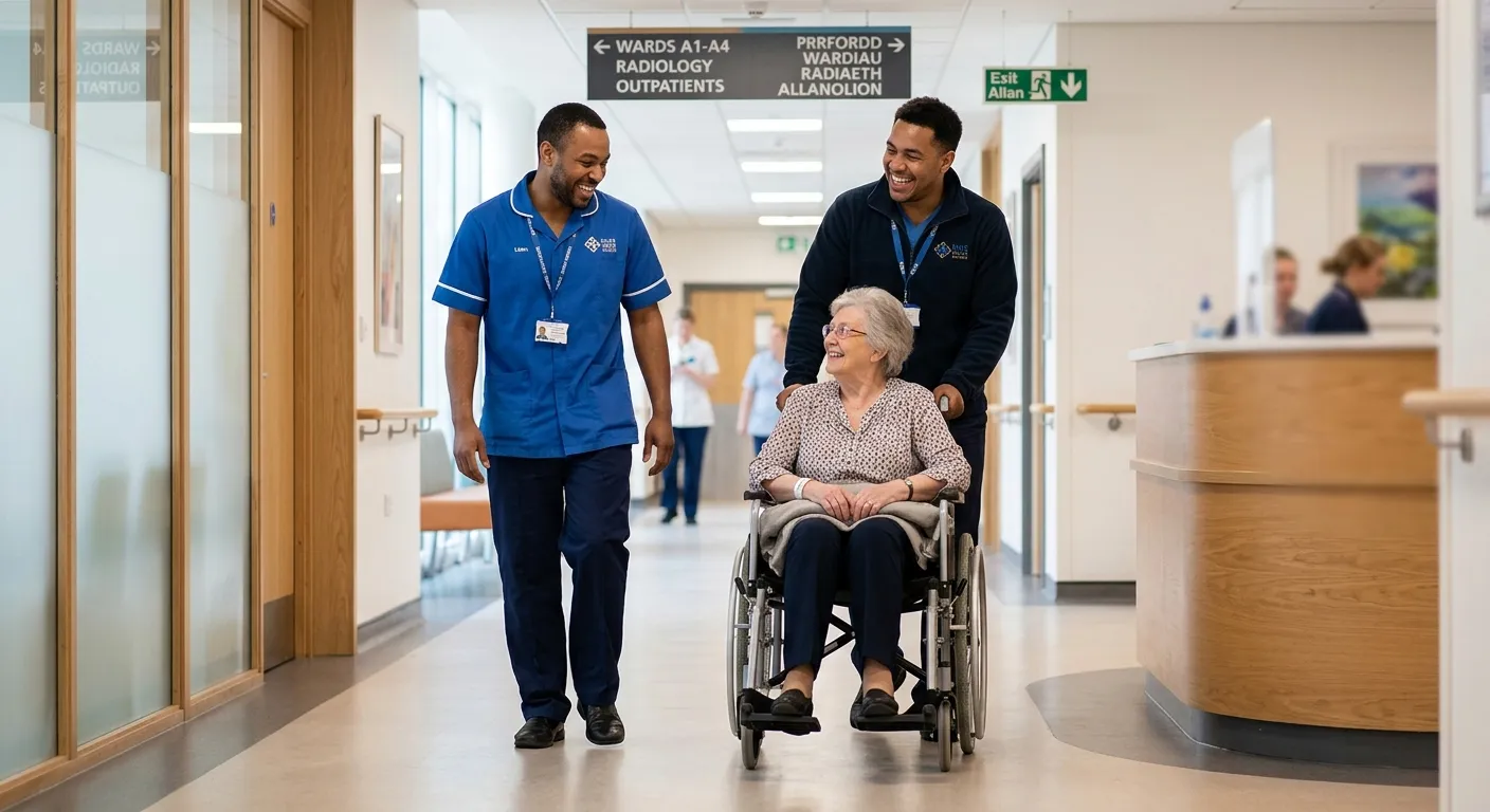 A professional and approachable Hospital Porter in a clean NHS uniform, smiling while gently pushing a patient in a wheelchair through a bright, modern hospital corridor in Cardiff, conveying care and efficiency.