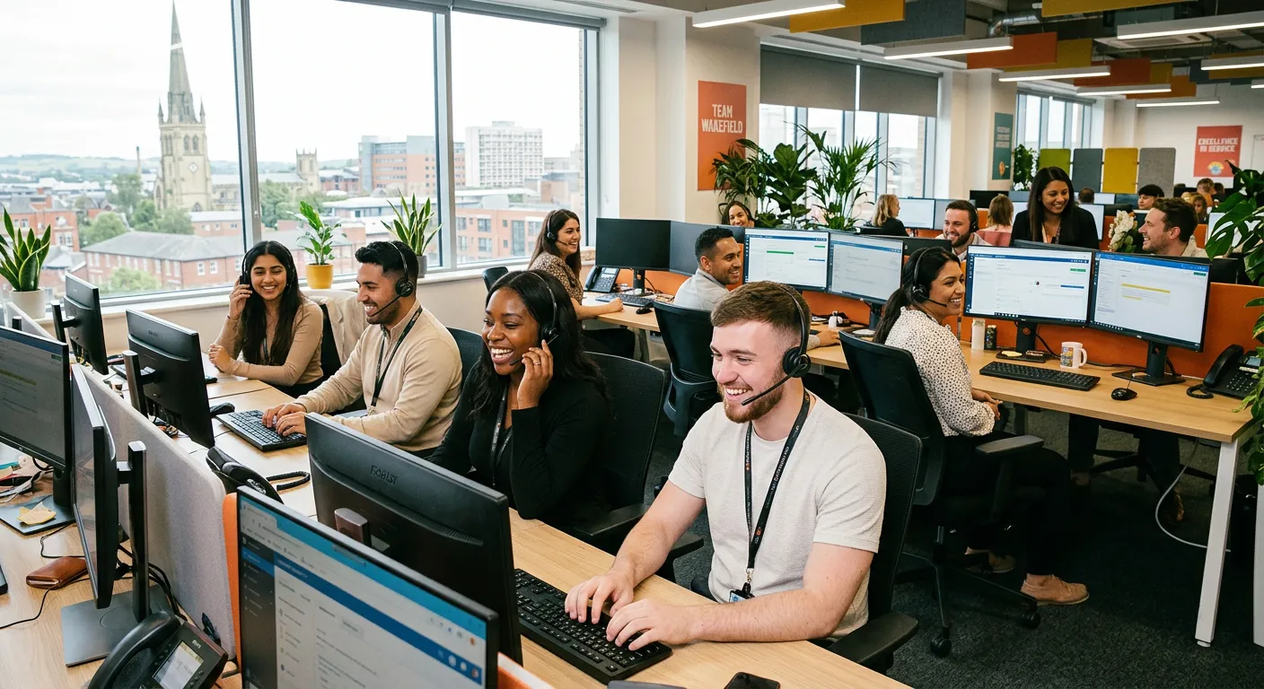 A diverse, professional team of customer service advisors in a modern, bright call centre in Wakefie... A diverse, professional team of customer service advisors in a modern, bright call centre in Wakefield, smiling and wearing headsets, conveying a positive and supportive work environment.