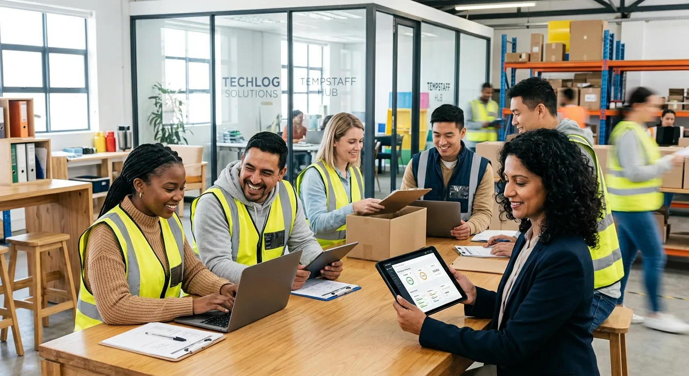 A professional, dynamic image showing a diverse team of temporary workers in a modern office or warehouse setting, smiling and collaborating. A manager is looking at a tablet, symbolising efficient hiring. The style is bright, energetic, and professional.