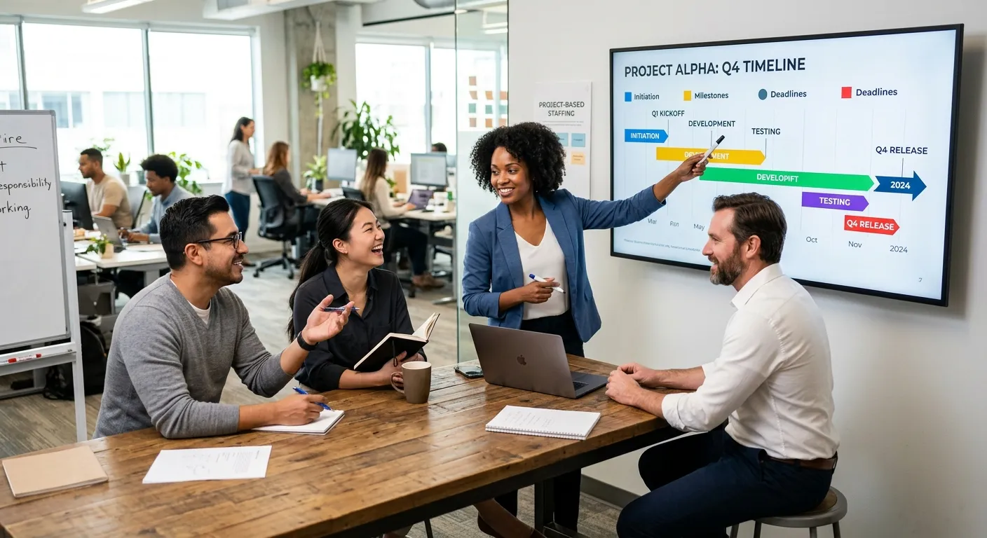 A dynamic, professional photo of a diverse team collaborating in a modern office. Focus on energy an... A dynamic, professional photo of a diverse team collaborating in a modern office. Focus on energy and teamwork, with one person pointing to a project timeline on a screen, symbolizing project-based staffing.