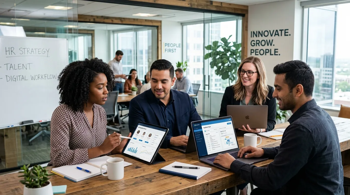 A dynamic, professional hero image showing a diverse team collaborating in a modern office, with a f... A dynamic, professional hero image showing a diverse team collaborating in a modern office, with a focus on HR professionals using digital tools on laptops and tablets. The mood is innovative, efficient, and forward-thinking.