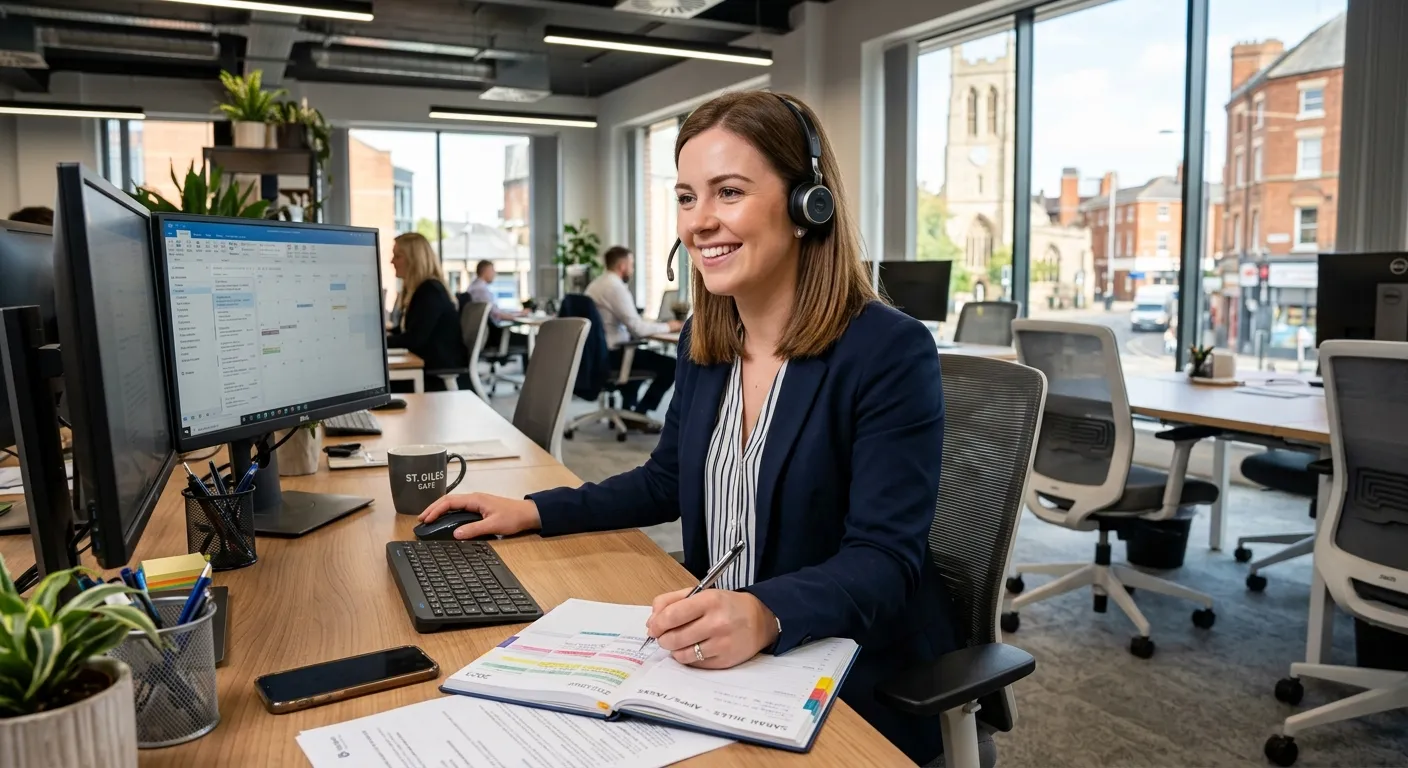 Professional, friendly Personal Assistant in a modern Northampton office setting, smiling while orga... Professional, friendly Personal Assistant in a modern Northampton office setting, smiling while organising a diary and speaking on a headset, representing efficiency and support.
