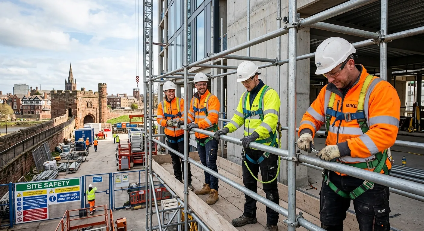 A professional, high-resolution action photo of a team of scaffolding labourers working safely on a... A professional, high-resolution action photo of a team of scaffolding labourers working safely on a modern construction site in Chester, with the historic city walls visible in the background. The image conveys teamwork, safety, and the local Chester environment.