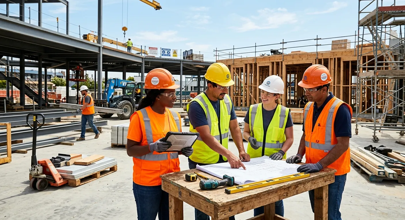 A dynamic, professional photo of a diverse team of agency labourers in high-visibility vests collaborating on a modern construction site or warehouse logistics project, shot in a bright, optimistic style.