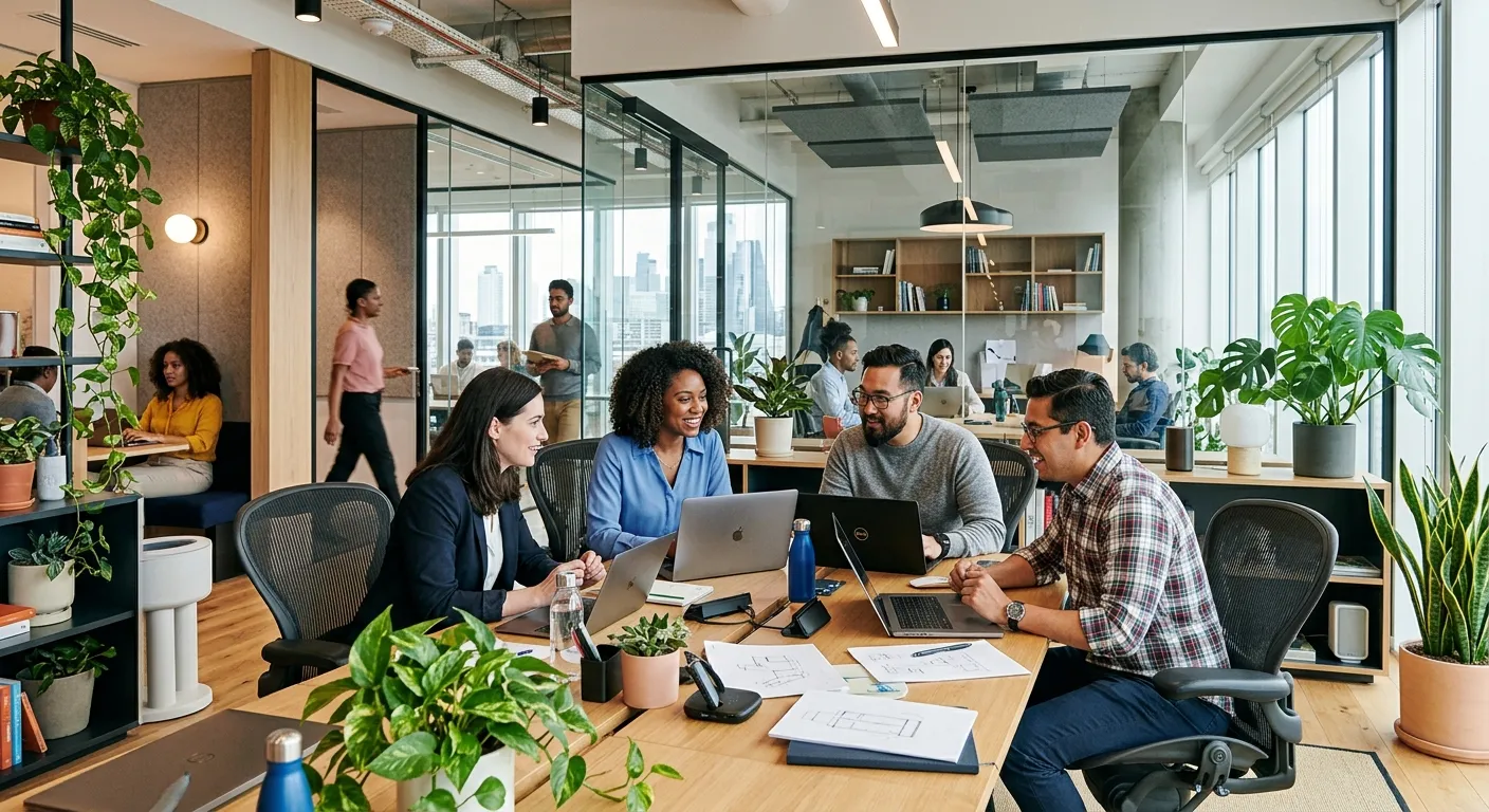 A modern, bright, and airy temporary office space with diverse professionals working collaboratively... A modern, bright, and airy temporary office space with diverse professionals working collaboratively at desks, featuring glass walls, ergonomic chairs, and vibrant plants, shot in a professional, aspirational style.
